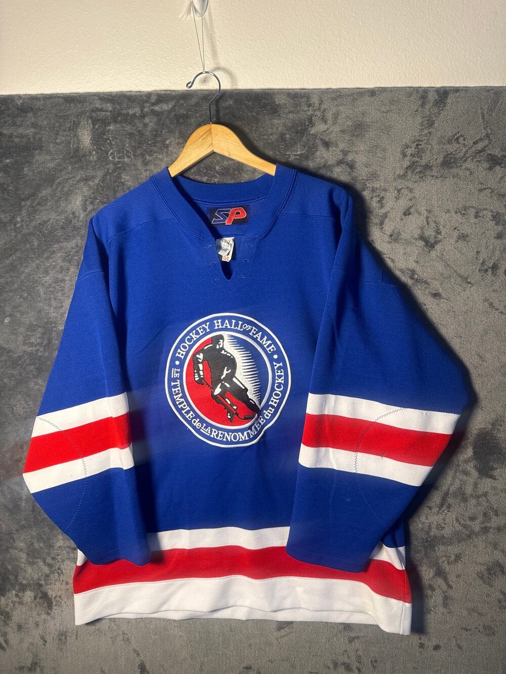VTG 90s/Y2K Hockey Hall of Fame Souvenir Jersey Blue White Red Striped Size LRG